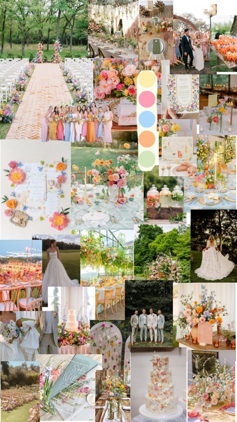 Outdoor Wedding Colorful, Wedding Venues Pastel, Boho Pastel Wedding, Wedding Ideas Spring Colors, Summer Wedding Bright Colors, Gold And Pastel Wedding, Spring Wedding Colors Pastel, Floral Garden Wedding Theme, Pastel Wildflower Wedding Bouquet