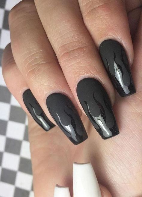 Flame Nails, Black Coffin Nails, Today's Society, Black Acrylic Nails, Gothic Nails, Goth Nails, Edgy Nails, Grunge Nails, Black Nail Designs