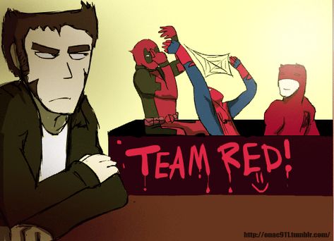 Team Red gif, deadpool, spidey, daredevil and jealous wolverine Deadpool Y Spiderman, Deadpool And Spiderman, Dead Pool, Team Red, Dc Memes, Red Team, Marvel Funny, Superhero Art, Marvel Memes