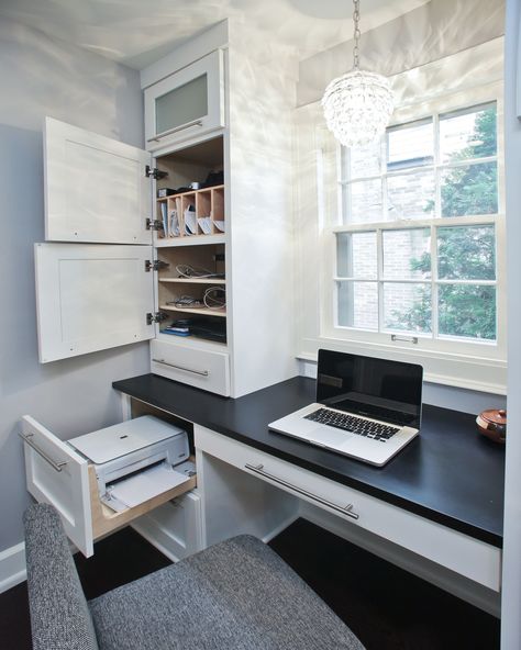 Hidden areas for printer, charging station, mail, etc... I don't like clutter when it comes to my office spaces... More Compact Workspace, Wfh Space, Cabinet Design Ideas, Country Office, Office Organizing, Maximize Small Space, Mudroom Decor, Built In Cabinet, House Updates