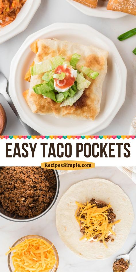 These Taco Pockets are made with seasoned ground beef, creamy refried beans, a blend of cream cheese and sour cream, and plenty of melty cheddar cheese. Tacos With Cream Cheese, Creamy Refried Beans, Taco Pockets, Pockets Recipe, Seasoned Ground Beef, Taco Salads, Easy Taco, Homemade Salsa, Lunch To Go