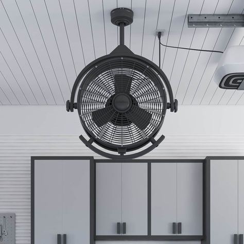 The Harbor Breeze 18" Cohort industrial style garage fan is perfect for any indoor or covered outdoor space from garages, workshops, and gyms to porches and warehouses. Harbor Breeze Cohort Garage Fan 18-in Matte black Blades Indoor/Outdoor Ceiling Fan (3-Blade) | 42955 Feminine Garage, Garage Lights Interior Ceilings, Garage Gym Decor, Black Garage Gym, Porch Ceiling Ideas Cheap, Garage Walls Covering Ideas, Garage Hangout Ideas, Half Garage Gym Ideas Small, Garage Security