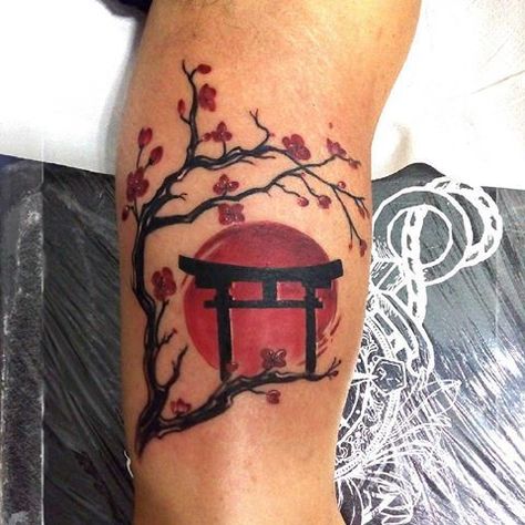 Shrine Tattoo, Japanese Sun Tattoo, Gate Tattoo, Black Red Tattoo, Artemis Tattoo, Japanese Shrine, Sakura Art, Torii Gate, Tattoo For Son