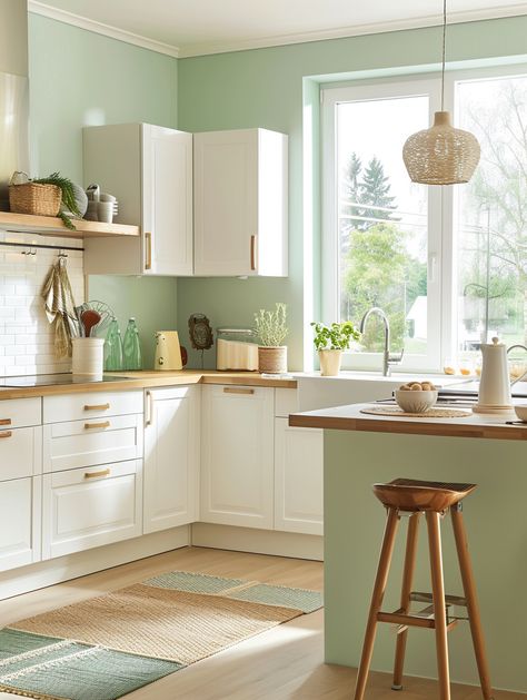 82 Kitchen Colors Ideas: Modern Palettes for Painting Cabinets and Walls! White Cabinet Green Walls, Sage Green Walls In Kitchen, Light Green Walls Kitchen, Soft Green Kitchen Walls, Green Kitchen Walls White Cabinets, Mint Kitchen Walls, Wall Colors Kitchen, Light Green Kitchen Walls, Kitchen Green Walls