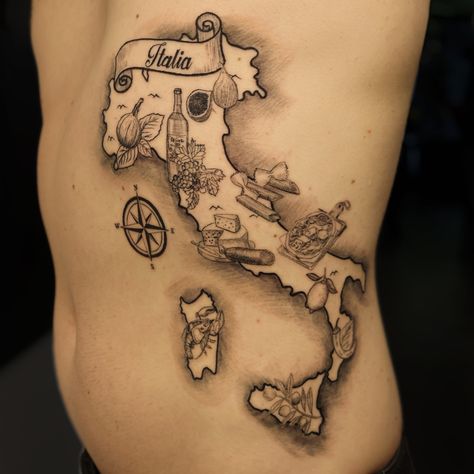 Tattoos Of Italy, Italian Tattoos For Men Italy, Italian Themed Tattoos, Italy Map Tattoo, Italian Tattoos Men, Italian Art Tattoo, Italian Tattoos For Men, Italian Inspired Tattoos, Italian Tattoo Ideas