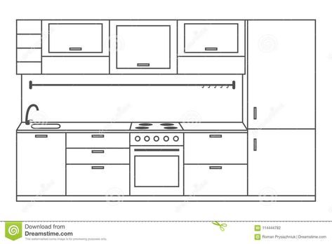 Illustration about Kitchen interior front view, linear sketch. Line kitchen with furniture, stove, fridge, cupboards and shelves. Vector illustration. Illustration of drawing, graphic, food - 114444782 Kitchen Interior Plan Drawing, Dream Kitchen Drawing, Drawing Kitchen Design, Kitchen Ideas Sketch, Modern Kitchen Drawing, Simple Kitchen Drawing, Kitchen Sketch Drawing Interior Design, Kitchen Section Drawing, Interior Design Kitchen Drawing