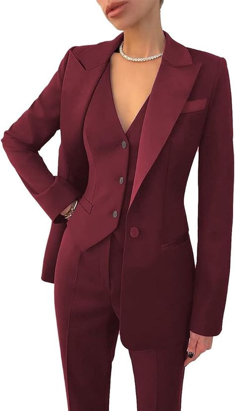 Amazon.com: Business Women Suit Set 3 Pieces Notch Lapel Single Breasted Vest for Office Work Lady Suits (Blazer+Vest+Pants)(Burgundy,16) : Clothing, Shoes & Jewelry Lady Suits, Burgundy Suit, Pantsuits For Women, Blazer Vest, Suit Set, Office Work, Business Women, Single Breasted, Blazer Suit