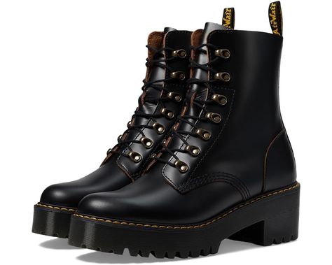 Dr. Martens Leona 7 Hook Boot | Zappos.com Dr Martens Leona Outfit, Dr Marten Leona, Dr Martens Leona, Doc Martens Outfits, Martens Outfit, Doc Martens Outfit, Clover Green, Chunky High Heels, Heels Boots