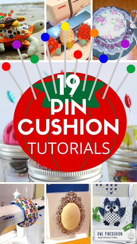 Make a cute pincushion with these 19 sewing tutorials Vintage Pin Cushions To Make, How To Make Pin Cushions Easy Diy, Jar Pin Cushion Diy, How To Sew Pin Cushion, Diy Pincushion Tutorials Free Pattern, Diy Pin Cushions Easy Ideas, How To Make A Pin Cushion Diy, Sewing Pin Cushion Diy, Pincushions To Make Ideas