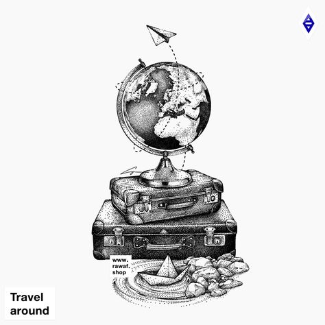 Dotwork wanderlust travel tattoo design - more on Instagram (@the_rawflow), download on my website (www.rawaf.shop) Travel Tattoo Design, Geniale Tattoos, Tattoo Travel, Travel Drawing, Symbol Tattoos, Tiger Tattoo, Pencil Art Drawings, Nature Tattoos, Ink Illustrations