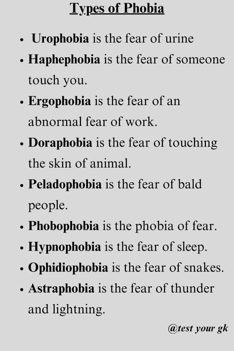 In this post we have given Types of Phobias. Our post is full of amazing gk. If you like to read and improve your gk, then you must FOLLOW our page @test your gk
.
LIKE
.
SHARE
.
COMMENT
.
#gk
#upscgkquiz
#generalknowledge
#worldgk	
#facts
#gkinenglish
#gkquiz
#gkindia
#gkmcq
#generalknowledgequiz Types Of Phobia, Phobia Words, Ib Art, Loud Noises, Word Of The Day, Clipboard, General Knowledge, Biology, You Must