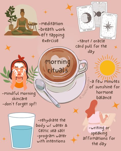 my favorite morning rituals to set myself up for a high vibe day ✨🦋🧚🏻‍♀️🌞 On a good day when my energy is at 110% I aim to do all of these….. but in reality most days I only do a few 😅 My non-negociables are hydrating, meditating for at least 5 minutes, and putting on my morning skincare mindfully which low key doubles as a short meditation for me as well. I recommend picking your favorite 2 and building up your ideal morning routine from there ✨🌞 no two days look alike, so I wouldn’t pu... Spiritual Day Routine, Calming Morning Routine, Building A Morning Routine, Morning Meditation Routine, Short Morning Routine, Morning Routine 6 Am, Morning Ritual Aesthetic, Low Energy Morning Routine, Witchy Morning