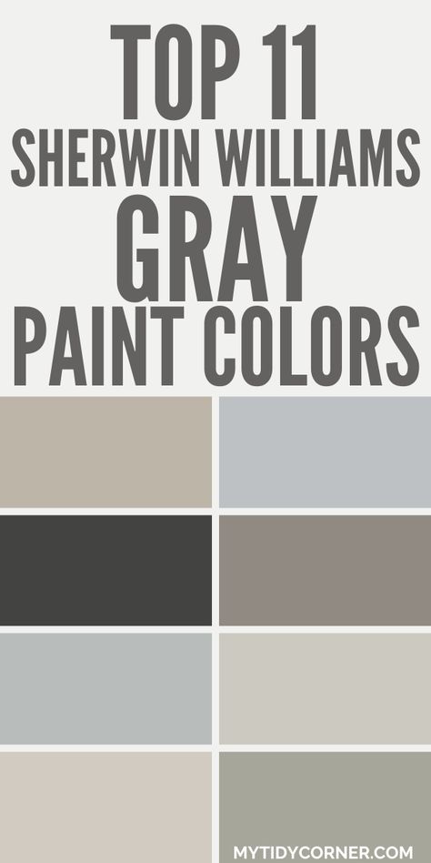 Collage of the top gray paint colors from Sherwin Williams. Sherwin Williams Gray Palette, Sherwin Williams Going Grey, Dove Gray Sherwin Williams, Best Grey Paint Colors For Whole House, Best Medium Grey Paint Colors, Grey House Exterior Sherwin Williams, Sw Garret Gray, Dove Gray Paint Sherwin Williams, Requisite Gray Sherwin Williams Coordinating Colors