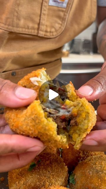 Brandon Gouveia on Instagram: "Beef and cheese stuffed plantain balls! sweet plantain meets savory beef,  Y’all know I love me some plantain this was truly perfection! full recipe down below 👇🏾 
#plantainball  #cheesybeef #plantain 
Ingredients 
 4 Ripe Plantains 
 3 tablespoons Cornmeal
2 teaspoons ground allspice 
Salt and pepper to taste 
16 oz grass fed Ground beef 85/15
3 tablespoons Worcestershire sauce 
½ teaspoon ground allspice for beef 
¼ teaspoon ground coriander 
1 ½ teaspoon Ground Cumin 
1 teaspoon onion powder 
2 tablespoon Tomato paste 
3 sprigs fresh thyme leaves 
½ red onion, diced 
1 bell pepper fine diced 
3 garlic cloves,minced 
1 Scotch bonnet, minced
⅓ cup chopped parley for garnish 

Breading station 

1 cup Flour 
3 eggs beaten
1 cup Panko bread 
Mozzarella chees Stuffed Sweet Plantain Recipes, Plantain Balls Recipe, Stuffed Plantain Recipes, Stuffed Plantains, Plantain Balls, Plantain Cups, Plantain Recipes, Pancake Bites, Ripe Plantain