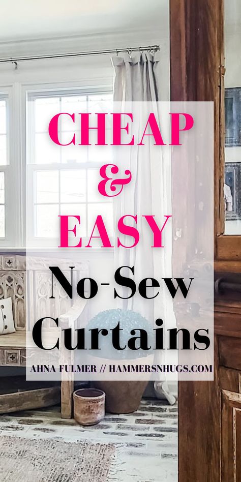 Cheap DIY For Home Decor - No Sew Curtains - Ahna Fulmer Kitchen Curtain Ideas Farmhouse, French Country Kitchen Curtains, Diy For Home Decor, Country Kitchen Curtains, Farmhouse Style Curtains, Dining Room Window Treatments, Farmhouse Kitchen Curtains, Sew Curtains, Curtain Tutorial