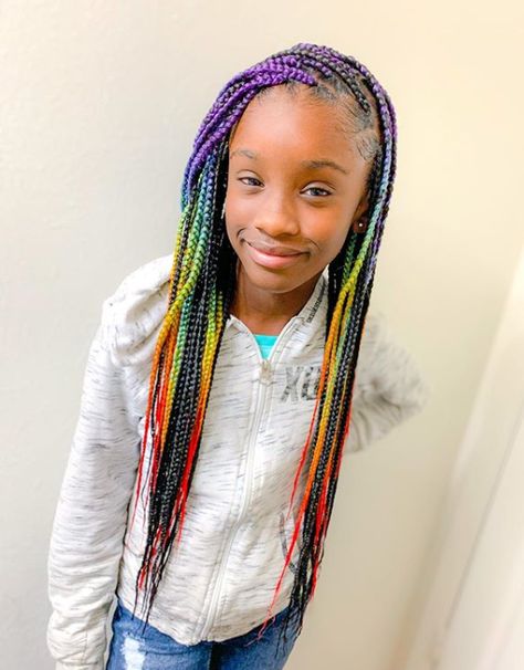 @just.miesha.b One of my fave baby clients Sanaa, she makes all my styles look flawless. #knotlessboxbraids #knotlessbraids #rainbowbraids #kidsbraids Braids With Rainbow Beads, Girls Box Braids, Box Braids Kids, Braids For Black Kids, Kids Box Braids, Braids Kids, Rainbow Braids, Braids Pictures, Lil Girl Hairstyles