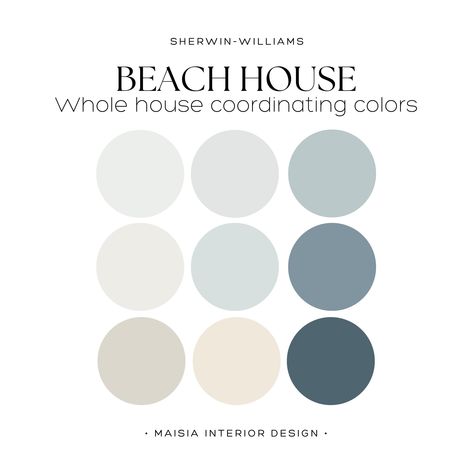 Craft a serene beach house color scheme with Sherwin Williams' COASTAL color palette, perfect for creating a cohesive whole house color palette with coordinating colors, offering the best beachy home idea for a relaxing coastal ambiance. These colors have been hand selected by me to create a cohesive Paint Color Scheme that work perfectly together and will give your home a designer touch. Sherwin Williams offers an extensive range of paint colors, each with its distinct undertones, which can som Coastal House Paint Colors, California Coastal Color Palette, Coastal Colors Sherwin Williams, Colors That Go Well Together, Lake House Paint Colors Interior, Sage And Blue Color Palette, Grey And Blue Color Palette, Beach House Color Scheme, Color Scheme Whole House