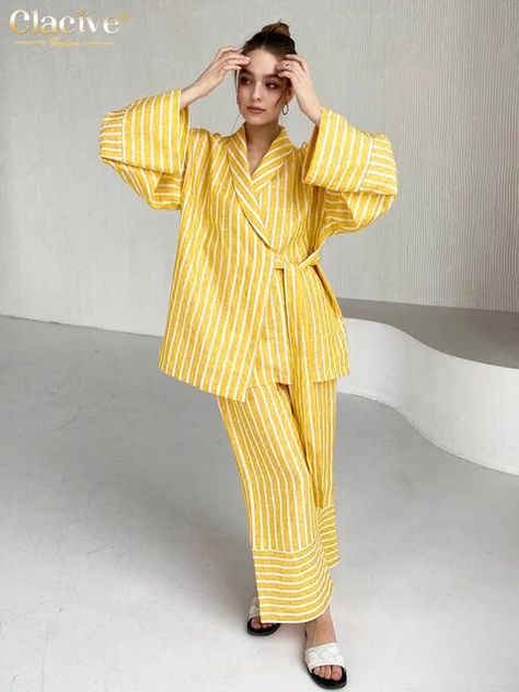 Clacive Casual Yellow Stripe Home Suits Elegant High Waist Wide Pants Set Fashion Long Sleeve Shirts Two Piece Set Women Outfit - AliExpress Linen Coord Set, Set Women Outfit, Dresses Business, Causal Dresses, Cotton Outfit, Coord Set, Hijab Fashion Inspiration, Women Outfit, Pantalon Large