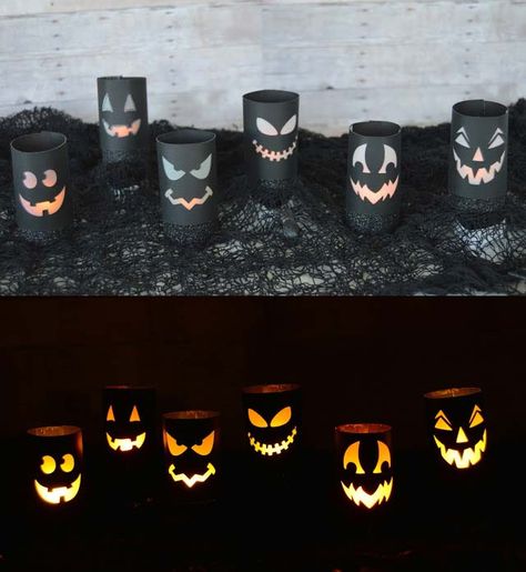 Create a scene of glowing Halloween faces. Tea Light Halloween Ideas, Halloween Ideas Decorations Outdoor, Halloween Diy With Kids, Halloween Decorations With Kids, Diy Simple Halloween Decorations, Diy Halloween Paper Decorations, Diy Kids Halloween Decorations, Cute Halloween Decor Diy, Décoration Halloween Diy