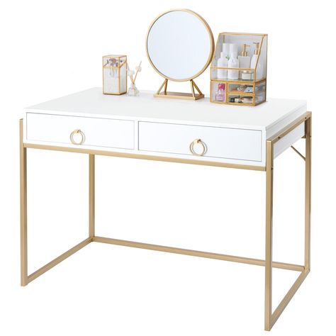 PRICES MAY VARY. 💐【Versatile Desk】This desk can be used as writing desk, computer desk, study desk, makeup vanity table, entryway console. Adorn your study space by incorporating this coveted contemporary style Desk. 💐【SPEC】Overall dimensions: 42 inches(W) x 19 inches(D) x 30 inches(H). 💐【Modern Style】Comes with rectangular wooden top. Max capacity weight for top is up to 70 lbs and each drawer is 22 lbs. Item weight is 46 lbs. 💐【Material & Craft】The writing desk is constructed from the amal White Study Desk, Desk Makeup Vanity, Contemporary Makeup, Makeup Vanity Table, Modern Computer Desk, Makeup Table Vanity, College Room, Vanity Storage, Vanity Desk