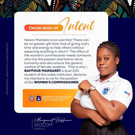 Declaration of Intent for Women's Commissioner flyer designed by Oppomence graphics in Ghana 0247369275 Declaration Of Intent Flyer Design, University Campaign, Declaration Of Intent, Photoshop Design Ideas, Flyer Design Inspiration, Graphic Design Ads, Flyer And Poster Design, Church Flyer, Graphic Design Lessons