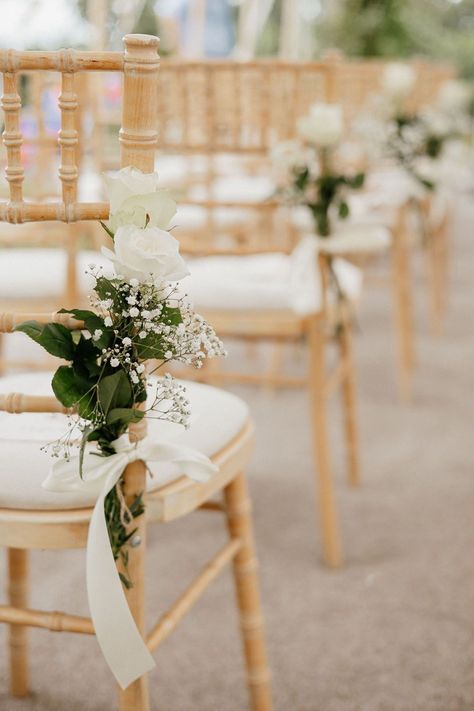 Wedding Chair Markers, Wedding Chairs Diy, Wedding Chair Decor, Wedding Ceremony Chairs, Wedding Chair Sashes, Gypsophila Wedding, Wedding Pews, Floral Archway, Wedding Isles