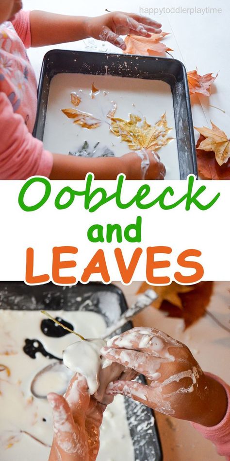 OOBLECK AND LEAVES – HAPPY TODDLER PLAYTIME Sensory Activity For Toddlers, Fall Sensory Bin, Fall Activities For Toddlers, Fall Sensory, November Crafts, Fall Preschool Activities, Activity For Toddlers, Play Activity, Sensory Activities Toddlers