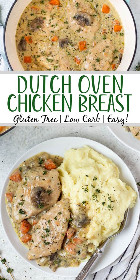 Making dutch oven chicken breast feels like an elevated dinner meal, but it's such an easy recipe to cook! It's a healthy dutch oven recipe that's also Whole30, low carb, gluten free and dairy free, and filled with vegetables like onions, celery and carrots, and the chicken breast is cooked in a creamy parsley and thyme sauce. It's a family friendly recipe that only uses one pot, and comes together in under an hour! #dutchoven #dutchovenchicken #chickenbreast #whole30dinner Oven Chicken Breast, Dutch Oven Chicken Breast, Dutch Oven Recipe, Thyme Sauce, Dutch Oven Recipes Cast Iron, Chicken Breast Oven, Recipe To Cook, Dutch Oven Chicken, Paleo Dinners