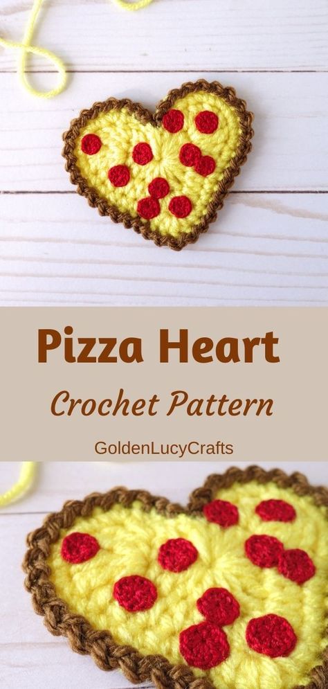 This crochet heart-shaped Pizza applique will make a nice small gift or can be used as a cute handmade clothes embellishment for those who can’t live without pepperoni pizza! Free crochet pattern, crochet applique, motif, Valentine's Day, Christmas ornament. Crochet Pizza Applique, Small Valentine Crochet, Pizza Crochet Pattern Free, Cute Crochet Applique Patterns Free, Pizza Granny Square, Small Crochet Valentines Ideas, Pizza Crochet Pattern, Crochet Heart Vest, Cute Crochet Appliques