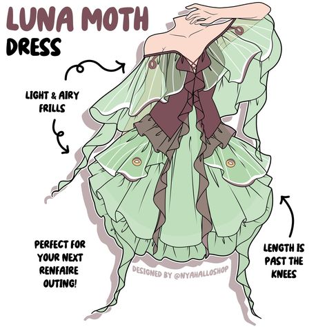 Luna Moth Clothes, Moth Dress Drawing, Luna Moth Character Design, Luna Moth Dress, Art Clothing Ideas, Snail Outfit, Moth Dress, Nature Costume, Lilo Pelekai