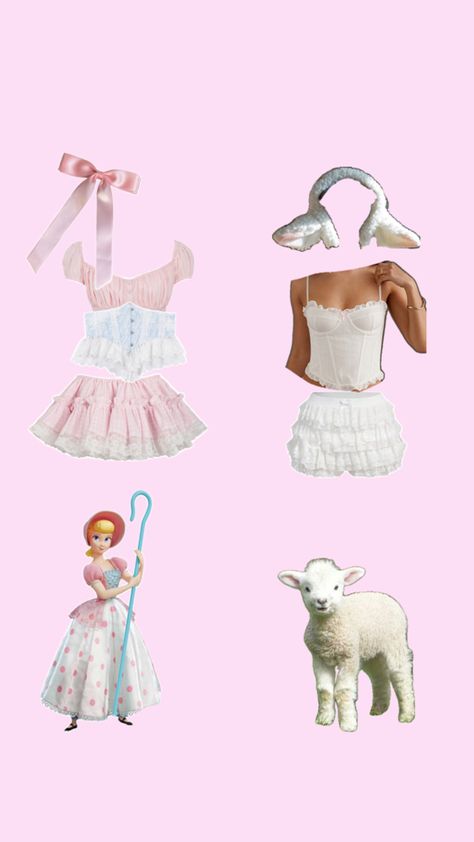 Little Bo Peep, lamb, cottagecore cute halloween costume Diy Bo Peep Costume Toy Story, Niche Cute Halloween Costumes, Lil Bow Peep And Sheep Costume, Mary And Little Lamb Costume, Little Bo Peep And Lamb Costume, Bo Peep And Lamb Costume, Lamb Costume Aesthetic, Cute Sheep Costume, Little Boo Peep Costume