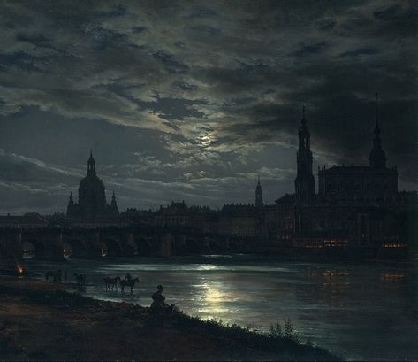 Johan Christian Dahl (Norwegian, 1788-1857) "View of Dresden by Moonlight" 1839 Johan Christian Dahl, العصور الوسطى, Moonlight Painting, Arte Van Gogh, Art Sacre, Aesthetic Painting, 판타지 아트, Ethereal Art, Classical Art