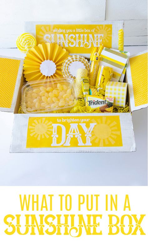 What to put in a Sunshine Box by Lindi Haws of Love The Day Sunshine Box, Diy Care Package, Box Of Sunshine, Cheer Up Gifts, Diy Holiday Gifts, Cute Birthday Gift, Birthday Box, Diy Box, Diy Birthday Gifts