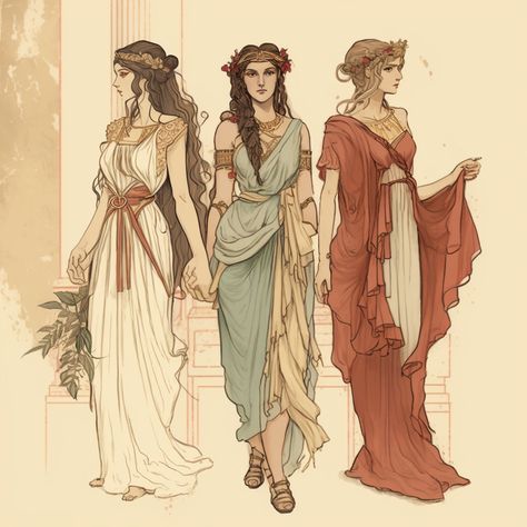 Greek Dresses Drawing, Old Greek Dress, Greek Clothes Ancient, Greece Traditional Dress, Ancient Greece Clothing Goddesses, Old Greek Clothing, Greek Royalty Clothing, Greek Hairstyles Drawing, Ancient Roman Fashion Women