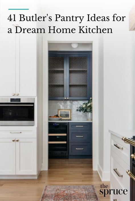 A butler's pantry makes entertaining easier by providing storage, prep, and display space. Discover butler's pantry ideas for every style. #dreamkitchen #kitchendecorideas #kitchentile #classickitchen #whitekitchens #kitchenpantry #apartmentdecor #apartmentdecoratingonabudget #apartmentliving #smallspacedecorating #thespruce Making A Butlers Pantry, Butlers Pantry Refrigerator, Butlers Pantry With Coffee Bar, Kitchen With Butlers Pantry Behind, Butlers Pantry Ideas With Fridge, Pantry With Beverage Station, Butlers Pantry Kitchen Layout, Butlers Pantry Appliance Storage, Refrigerator In Butlers Pantry