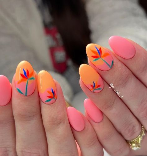 Jessica Lauritzen on Instagram: "These birds of paradise are ready for the sun in Hawaii ☀️🌴🍍 Inspo @nailed_by_kenna @polishedpinkiespro Akzentz Trinity sc-1 Luxio crush Luxio lookout Luxio myth Luxio shock Luxio Smoulder . . . . #utahnails #herrimannailartist #handpaintednailart #nails #modifiedrussianmanicure #akzentztrinity #akzentz #luxio_crush #hawaiinails #hawaiinailart #vacationnails #birdsofparadise #brightnails #nailpro #nailsmagazine #nailinspo #nailpromote #nailitmedia #beautypro Birds Of Paradise Nail Art, Bird Of Paradise Nail Art, Vacation Nails Hawaii, Birds Of Paradise Nails, Bird Of Paradise Nails, Hawaii Manicure, Toucan Nails, Cuban Nails, Island Nails Designs