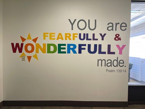 Rainbow letters Children’s Church Room Design, Sunday School Wall Murals, Classroom Wall Mural Ideas, Preschool Rooms Ideas, Children’s Ministry Church Decor, Church Toddler Room Ideas, Daycare Wall Painting Ideas, Teen Sunday School Room Decor, Biblical Murals