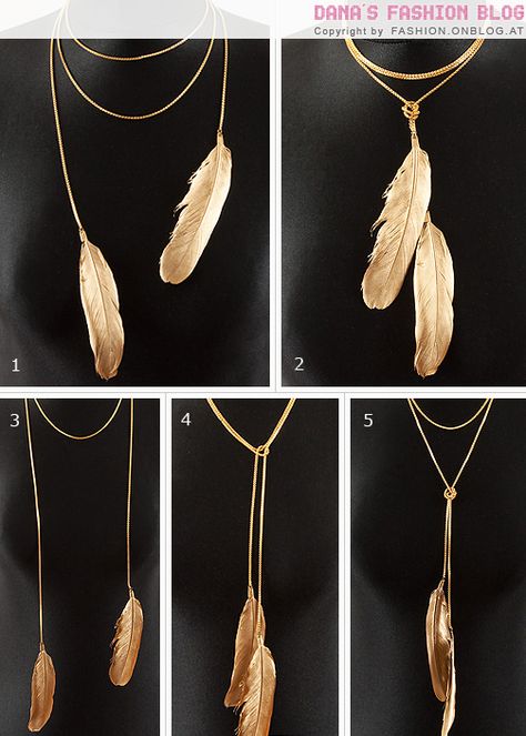 threadpaperscissors: “ Gold Father Necklace Tutorial This is trendy, easy to make, and there are 5 different ways to wear it. I found it on Dana’s blog and just an fyi, the tutorial is in German.... Bear Sofa, Gold Feather Necklace, Diy Collier, Diy Jewlery, Estilo Hippie, Feather Necklace, Wrapped Necklace, Necklace Tutorial, Gold Feathers