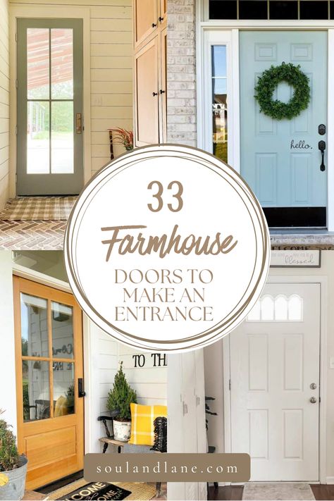 Step into country chic with farmhouse door ideas designed to elevate your entryway with style and warmth. Barn doors painted in soft, muted hues like sage green or powder blue can add a splash of color while keeping the rustic vibe alive. Incorporate frosted or stained glass panels for a touch of elegance that doesn't sacrifice privacy. A Dutch door offers functionality and charm, allowing you to greet guests or catch a breeze while keeping the lower half closed. Modern Farmhouse Doors, Farmhouse Interior Door, Stained Glass Front Door, White Farmhouse Exterior, Green Kitchen Island, Stylish Entryway, Exterior Door Colors, Farmhouse Door, White Shiplap Wall