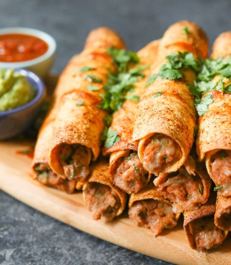 Bean And Cheese Taquitos, Vegetarian Taquitos, Cheese Taquitos, Taquitos Recipe, Vegetarian Meals, Party Menu, Meatless Meals, Casual Friday, Mexican Dishes