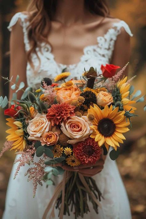 Sunflowers And Rose Wedding Bouquets: 20 Inspiring Ideas • Yellow Wedding Arch Flowers, Cute Wedding Flowers, Fall Wedding Bouquets Sunflowers, Fall Floral Arrangements Wedding Bridal Bouquets, Flower Inspo For Wedding, Elegant Wedding Flowers Bouquet Ideas, Sunflower Autumn Wedding, Wedding Flowers Sunflowers And Roses, Sunflower Rose Wedding Bouquet