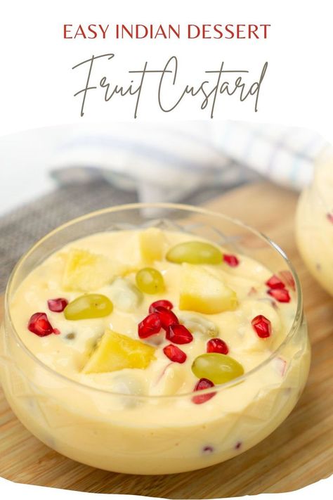 Fruit custard in a bowl Custard Recipes Desserts, Indian Custard Recipe, Festival Food Ideas, Eggless Custard, Potato Cake Recipe, Mango Custard, Carrot Cake Dessert, Sweet Potato Cake Recipe, Easy Indian Dessert Recipes