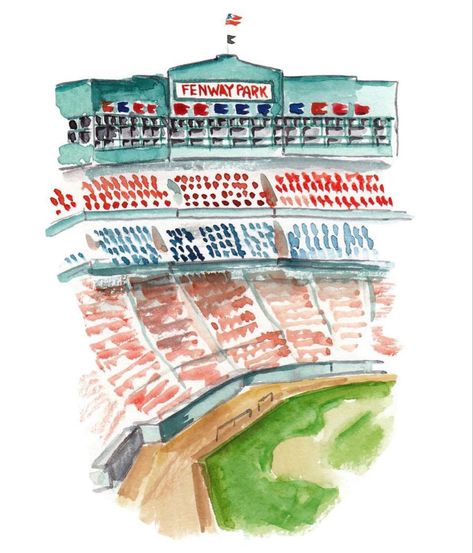 Watercolor illustration of Fenway Park, home of the Boston Red Sox Boston Matchbook Print, Fenway Park Drawing, Boston Poster Aesthetic, Boston Prints Wall Art, Watercolor Widget, Boston Doodle, Fenway Park Painting, Sophomore Posters, Boston Illustration