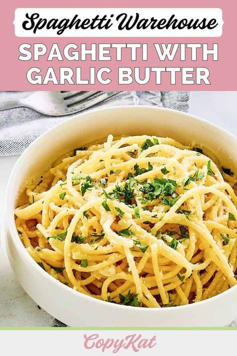 Recreate the magic of the iconic Spaghetti Warehouse at home with this easy copycat Spaghetti with Garlic Butter recipe! This comforting dish features spaghetti enveloped in a luscious garlic butter sauce, richly flavored with Romano cheese and parsley. The cheese and parsley not only infuse the sauce with flavor but also serve as a delightful garnish. This Italian garlic butter pasta dish brings the restaurant experience right to your table. Garlic Butter Recipe, Garlic Butter Pasta, Best Easy Dinner Recipes, Inexpensive Dinners, Restaurant Experience, Simple Pasta, Butter Pasta, Easy Pasta Dishes, Romano Cheese