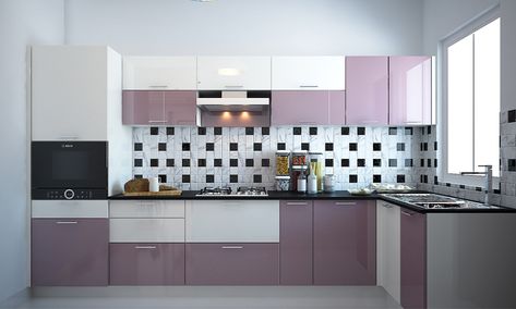 Lavender Cupboards Bedroom, Lavender Cabinets, Lavendar Kitchen, Purple Kitchen Ideas, Modular Kitchen Cabinets Colour Combinations, L Shaped Kitchen Interior, Kitchen Colour Combination Ideas, Purple Kitchen Walls, Modular Kitchen Colour Combination