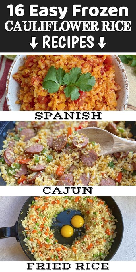 I'm always looking for last minute keto meals, and frozen cauliflower rice is a total diet saver! It's the easiest way to add healthy vegetables to just about any meal. You can use it as a side dish, bake it into a casserole, or make a delicious dinner skillet. Frozen cauliflower rice is a breeze to cook with very little prep or clean up, and it’s just as good as fresh cauliflower. It makes for the easiest weeknight keto meals! Add these low carb cauliflower rice recipes to your meal plan. Frozen Cauliflower Rice Recipes, Riced Califlower Recipes, Cauliflower Rice Recipes Healthy, Cauliflower Rice Easy, Cauliflower Fried Rice Recipes, Frozen Cauliflower, Low Carb Healthy, Cauliflower Risotto, Keto Sides