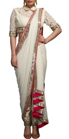 Saree With Pants, Off White Saree, Saree Drape, Saree Wearing Styles, Saree Draping Styles, Neeta Lulla, Middle Eastern Fashion, Saree Draping, Fitted Pants