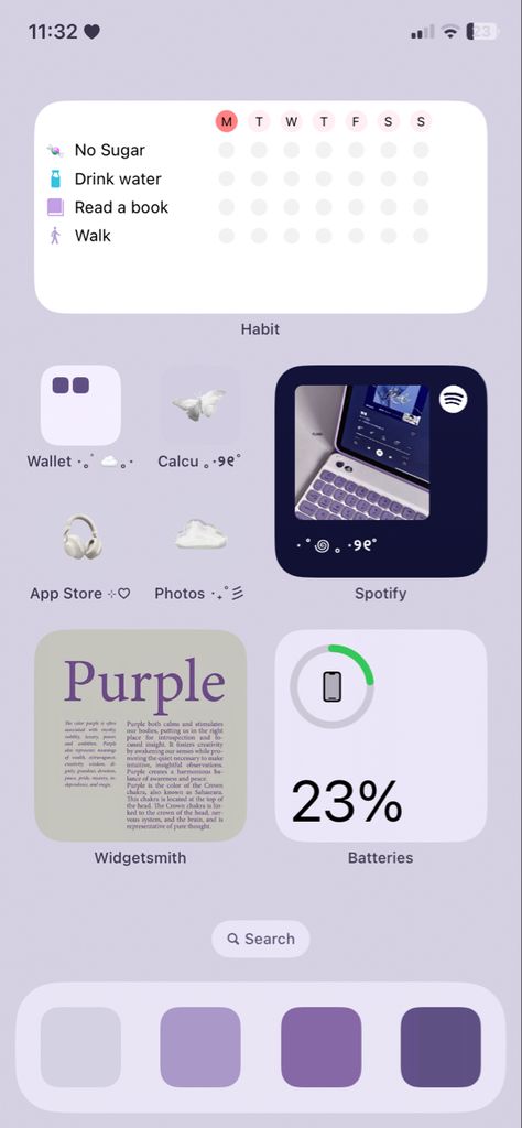 Purple aesthetic iphone homescreen theme layout idea Purple Aesthetic Lockscreen, Homescreen Y2k, Purple Aesthetic Iphone, Purple Layout, Purple Homescreen, Homescreen Theme, Widget Homescreen, Violet Heart, Widgets Aesthetic