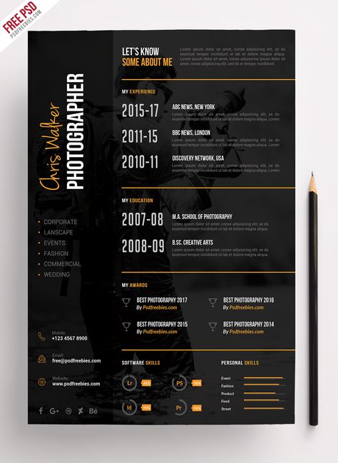 Download Photographer Resume CV PSD Template. This Photographer Resume CV PSD Template is a modern, clean and professional resume cv template best suited for photographers, photo editors and retouchers. Photography Resume, Photographer Resume, Cv Original, Cv Inspiration, Product Sketch, Pc Photo, Logos Retro, Resume Template Examples, Vintage Logos