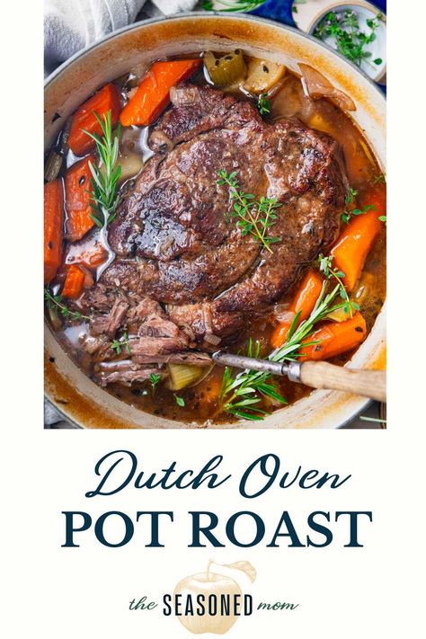 Tender and juicy, this Dutch oven pot roast transforms an affordable cut of meat into a delicious comfort food dinner. The beef slowly bakes with potatoes and carrots for an easy one pot meal. Your whole family will love this classic Sunday supper! Roast In Dutch Oven, Dutch Oven Pot Roast, Oven Pot Roast, Easy Pot Roast, Chuck Roast Recipes, Pot Roast Recipe, Potatoes And Carrots, Beef Pot Roast, Roast Beef Recipes